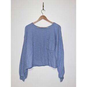 Aerie Womens Small Blue Ribbed Long Sleeve Pocket T-Shirt Cropped Pullover Top